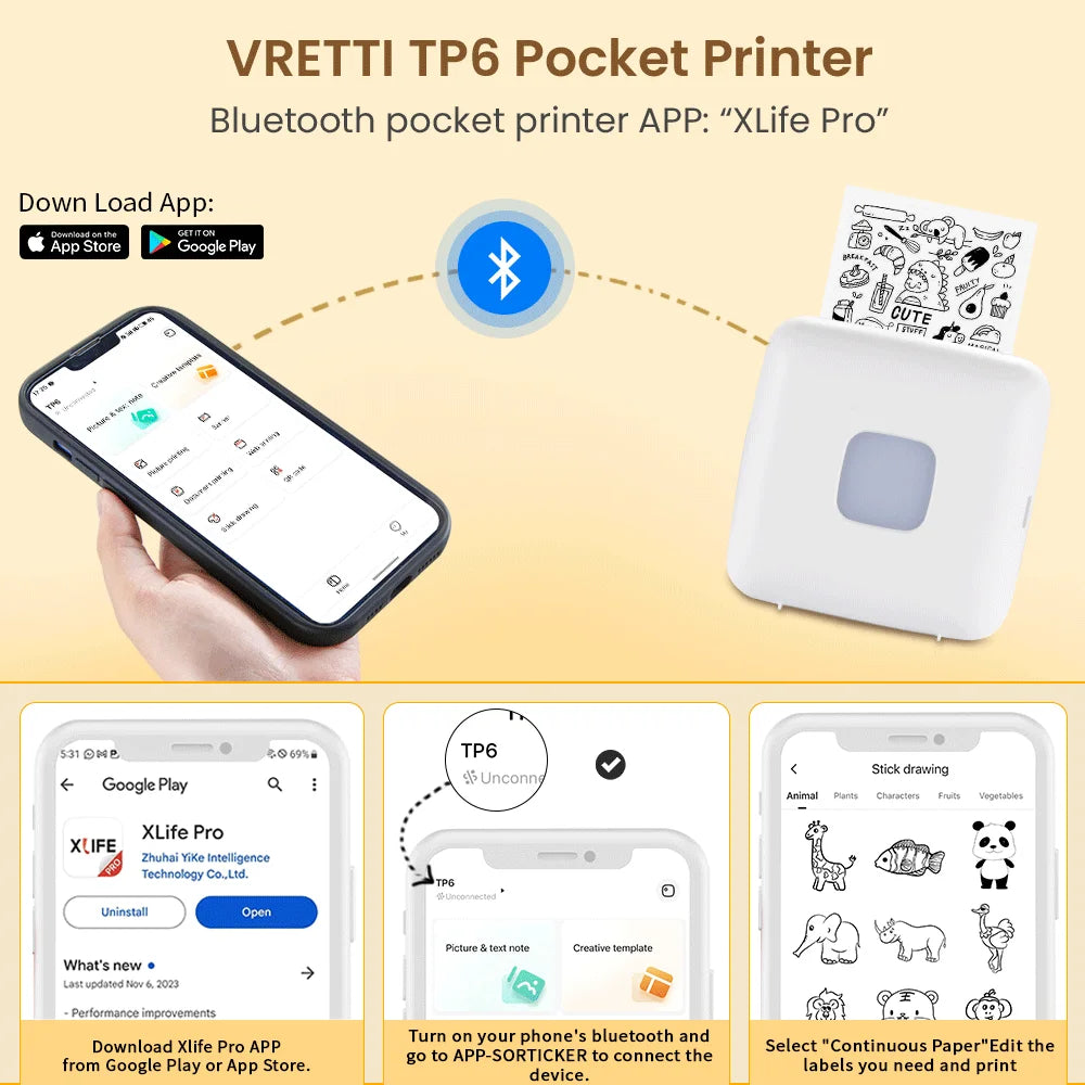 TP6 Pocket Sticker Printer,Portable Bluetooth Pocket Phone Printer for Anatomy Flashcards, Journal, Photos, Notes, Kids Gift